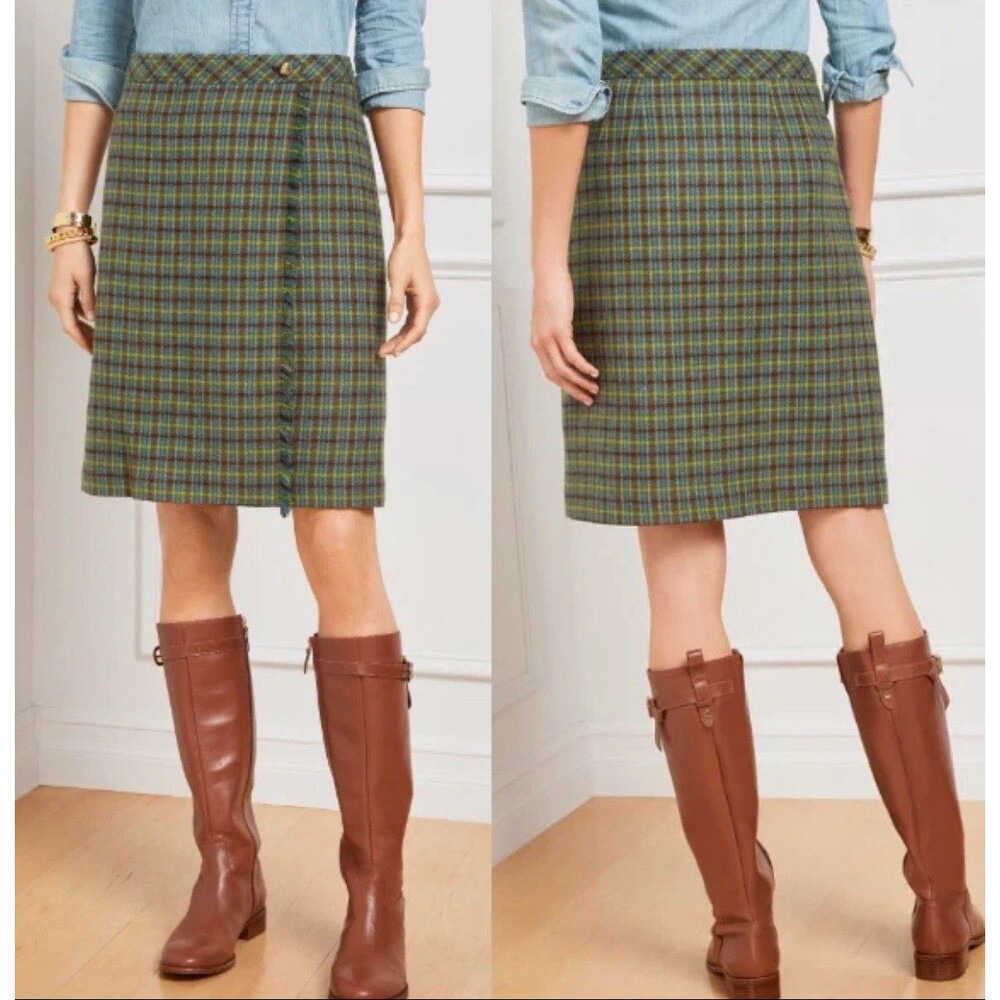 Talbots Womens 4 Fringe Trim Wool Blend Faux Wrap Skirt Green Plaid - Picture 1 of 8